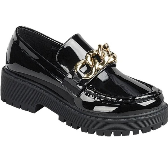 New Wide Black Patent Gold Chain Slip On Platform Penny Loafers - Picture 1 of 8